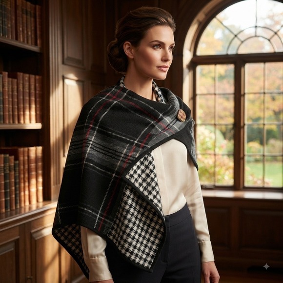 Unbranded Accessories - Reversible Plaid Houndstooth Open Front Poncho Wrap Shawl Cape Chic Fall Classy